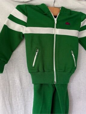 Vintage 70s Lacoste Kids 3T Green Zip Front 2 Piece Sweat Suit Boys Girls NWT